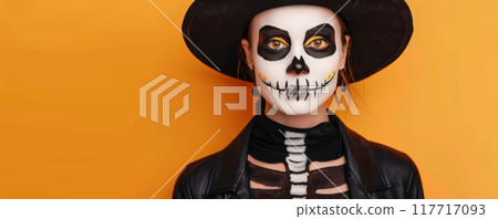 Person in Skeleton Mask on Bright Orange Background 117717093