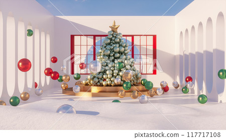 Winter Christmas podium backdrop for product display with snow landscape background. 3d rendering 117717108