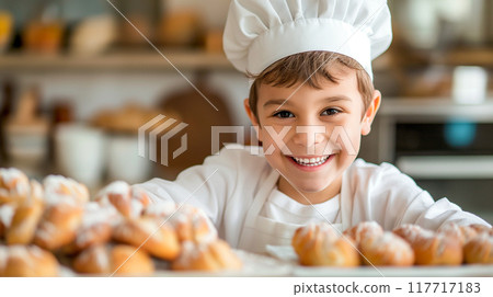 A boy dressed as a chef and smiling happily 117717183