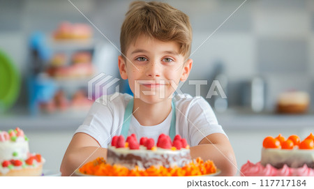 Background material of a boy wearing an apron surrounded by many colorful cakes Background material of a boy wearing an apron surrounded by many colorful cakes 117717184