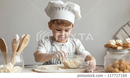 Caucasian boy cooking with flour 117717188
