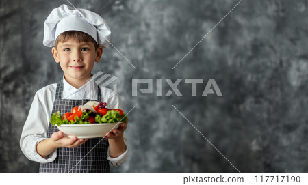 A boy dressed as a chef holding a plate of salad A boy dressed as a chef holding a plate of salad 117717190