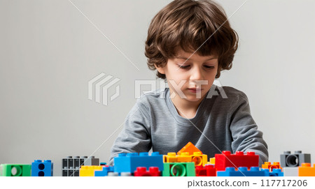 A boy playing silently with colorful blocks 117717206