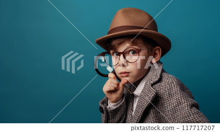 A boy with glasses pretending to be a detective with a magnifying glass A boy with glasses pretending to be a detective with a magnifying glass 117717207