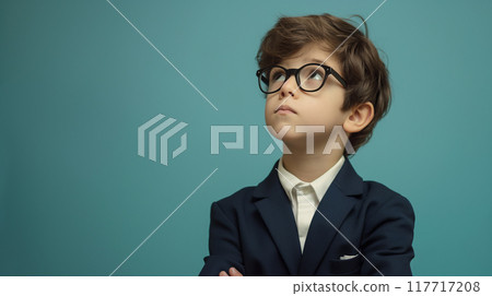 A child wearing a suit and glasses pretending to be a businessman A child wearing a suit and glasses pretending to be a businessman 117717208