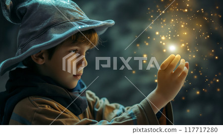 一個戴著尖頂帽的男孩拾起發光的背景材料 117717280