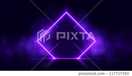 Neon door with smoke, purple glowing portal, futuristic rhombus gate, magic border with vapor. 117717393