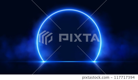 Neon arch with smoke, blue glowing portal, futuristic circle gate, magic stage with vapor. Neon arch with smoke, blue glowing portal, futuristic circle gate, magic stage with vapor. 117717394
