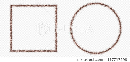 Coffee frame, chocolate border, ground arabica powder in heart and star shapes. 117717398