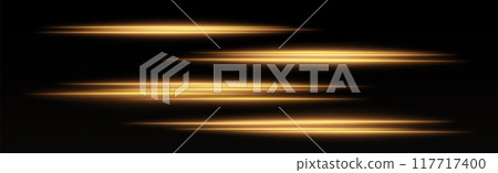Golden speed lines, glowing magic rays, abstract neon lines. Lights in motion effect. 117717400