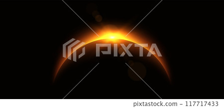 Planet eclipse, glowing flare on the horizon, sunrise over the globe. Crescent planet edge. Planet eclipse, glowing flare on the horizon, sunrise over the globe. Crescent planet edge. 117717433