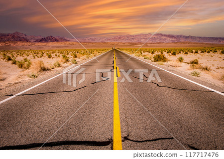 road lines in death valley, california, usa 117717476