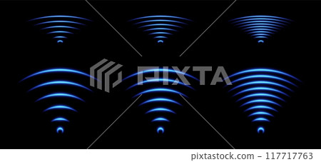 WiFi light effect, sound wave icons, radar signal concept. Blue wireless network glowing element WiFi light effect, sound wave icons, radar signal concept. Blue wireless network glowing element 117717763