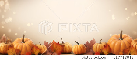 Pumpkins and Autumn Leaves on Beige Background with Bokeh Lights 117718015