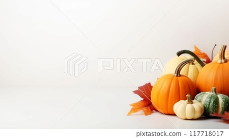 Multicolored Pumpkins and Autumn Leaves on White Background 117718017