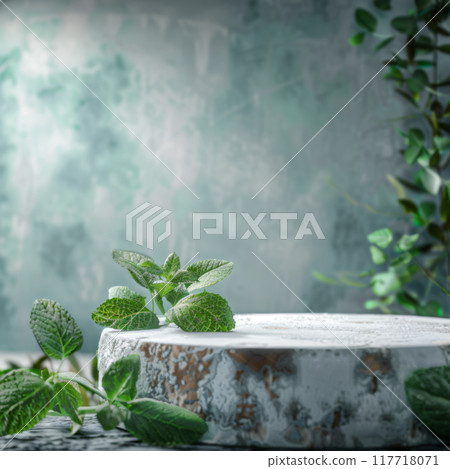 Stone Podium with Green Mint Leaves 117718071