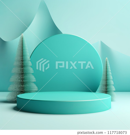 Minimalist Winter Scene with Green Podium and Fir Trees 117718073