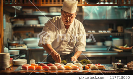 Sushi Chef Skillfully Preparing Sashimi 117718090
