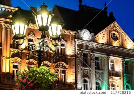 Vintage street iron lamp in the center of Novi sad in Serbia at night Vintage street iron lamp in the center of Novi sad in Serbia at night 117718216