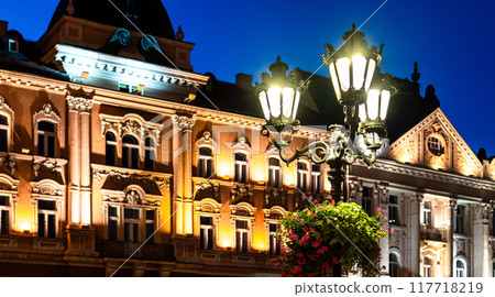 Vintage street iron lamp in the center of Novi sad in Serbia at night Vintage street iron lamp in the center of Novi sad in Serbia at night 117718219