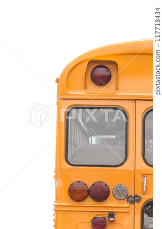 A bright yellow school bus is visible from the rear, set against a white backdrop 117718434