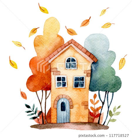 cute autumn house. watercolor illustration with a house with autumn leaves and trees. 117718527