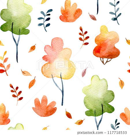 cute autumn seamless pattern with trees. watercolor print with forest, autumn leaves and bushes cute autumn seamless pattern with trees. watercolor print with forest, autumn leaves and bushes 117718533