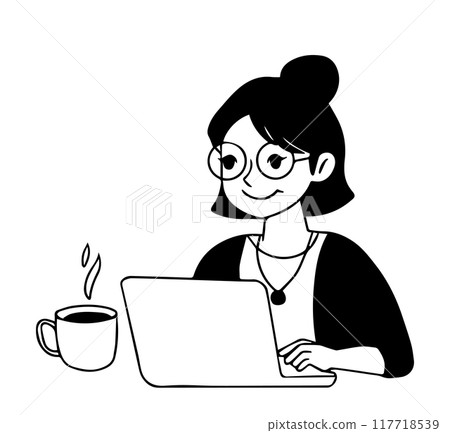 young woman working on a laptop. doodle illustration, cartoon. freelance work, online education young woman working on a laptop. doodle illustration, cartoon. freelance work, online education 117718539