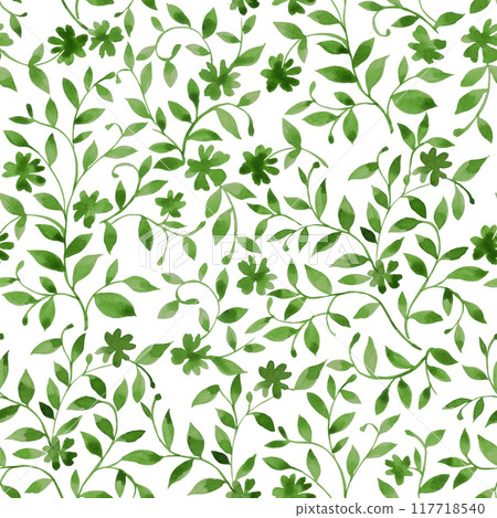seamless watercolor pattern with an ornament of small green flowers. 117718540