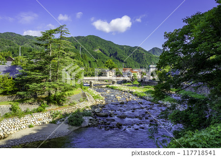 Okutsu Bridge and Yoshii River at Okutsu Onsen, Kagamino Town, Okayama Prefecture 117718541