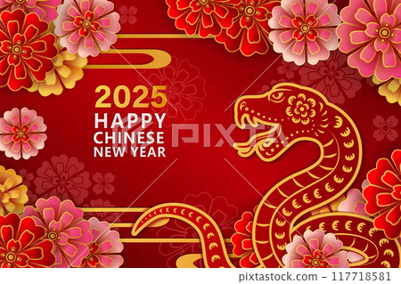 Happy Chinese new year of golden relief snake and round peony flower curve wave Happy Chinese new year of golden relief snake and round peony flower curve wave 117718581