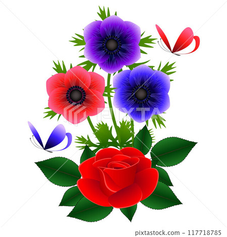 Bouquet of anemones with a red rose and butterflies. 117718785
