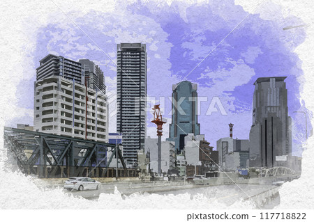 Watercolor style Umeda Nakatsu overpass Osaka city, Osaka prefecture Watercolor style Umeda Nakatsu overpass Osaka city, Osaka prefecture 117718822