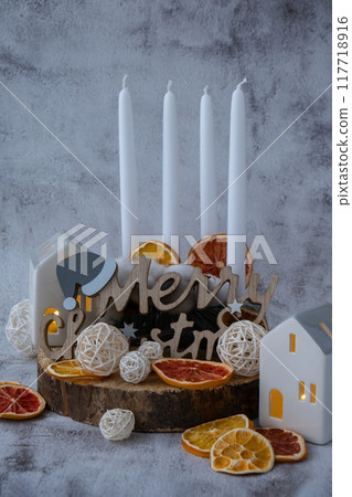 Four Advent candles calendar with Christmas zero waste decorations. Holiday preparation copy space for text. Catholic traditions of Christmas countdown new year winter 117718916
