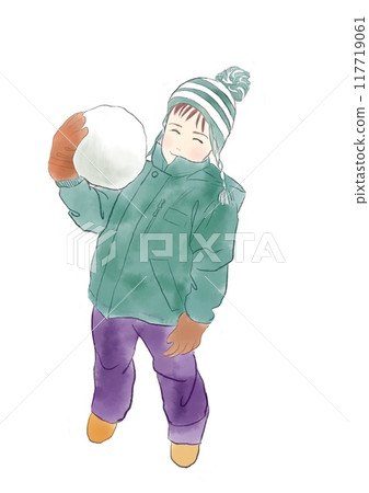 Illustration of a boy holding a big snowball 117719061