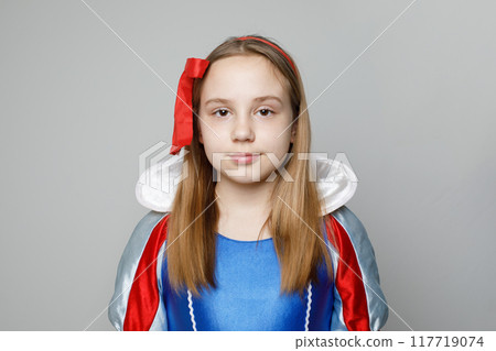 Portrait of cute pretty brunette child girl in Snow White costume close-up Portrait of cute pretty brunette child girl in Snow White costume close-up 117719074