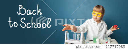 Little school child on blue color background. Education and Back to school concept 117719085