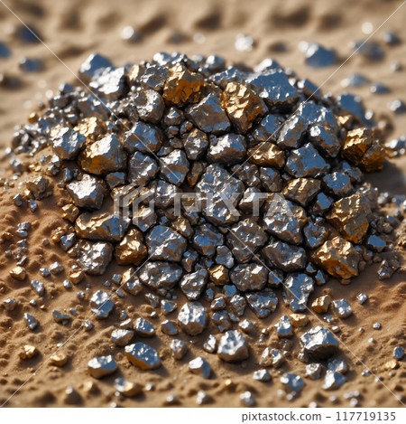 Close up view of a pile of silver and gold ore mixed with quartz sand. 117719135