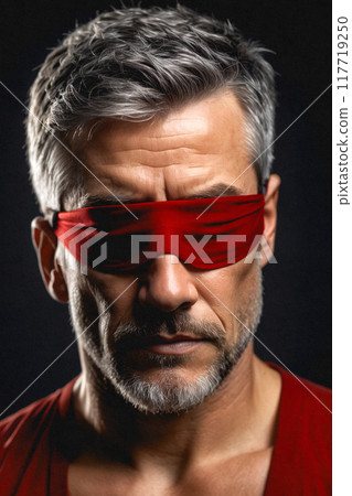 Portrait of a forty five years old man with a red band on his eyes. Mature middle-aged Man.Transience, the cycle of birth, life and death. A series of several illustrations. 117719250