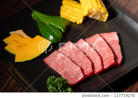 Beef and vegetable platter 117719278