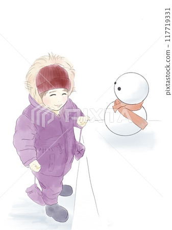 一個雪人和一個小孩的插圖 117719331