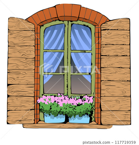 beautiful window with shutters and brick edging, decorated with potted flowers. Vector illustration beautiful wooden shutters olive frame windows. blue gabines curtains in the window. On the 117719359