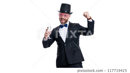 showman partygoer cheering with champagne. partygoer showman isolated on white background. 117719425
