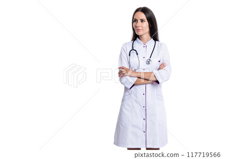 medicine, healthcare and people concept. doctor practitioner at hospital. Confident practitioner doctor standing in medical office. general practitioner with stethoscope. Primary care physician 117719566