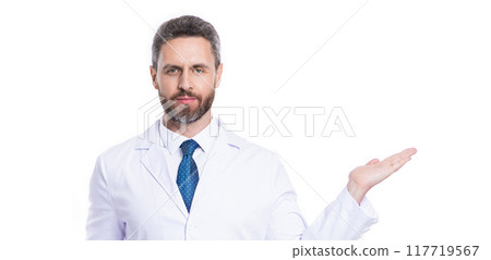 doctor presenting advertisement. medical health advertisement. doctor work in medicine hospital. healthcare physician doctor isolated on white. medicine and healthcare. Health clinic promotion 117719567