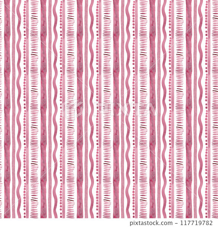 Watercolor drawing. Strokes, dotted lines, wavy and straight vertical stripes of pink. Abstract geometric ornament. Seamless pattern of brush strokes 117719782