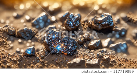 Close-up of a sample of an unidentified metal with a crystalline form, a luminescent geological material with a blue and gold tint. Space mining industry Close-up of a sample of an unidentified metal with a crystalline form, a luminescent geological material with a blue and gold tint. Space mining industry 117719899