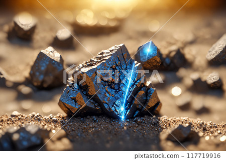Close-up of silver ore being cut by an industrial mining laser on the surface of an alien planet. Space mining of raw materials. Future mining Close-up of silver ore being cut by an industrial mining laser on the surface of an alien planet. Space mining of raw materials. Future mining 117719916
