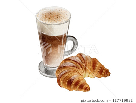 Coffee latte with croissant on white background Coffee latte with croissant on white background 117719951