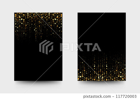 Wedding, business, presentation or birthday invitation templates with gold glitter sparkling garlands on black background. Wedding, business, presentation or birthday invitation templates with gold glitter sparkling garlands on black background. 117720003